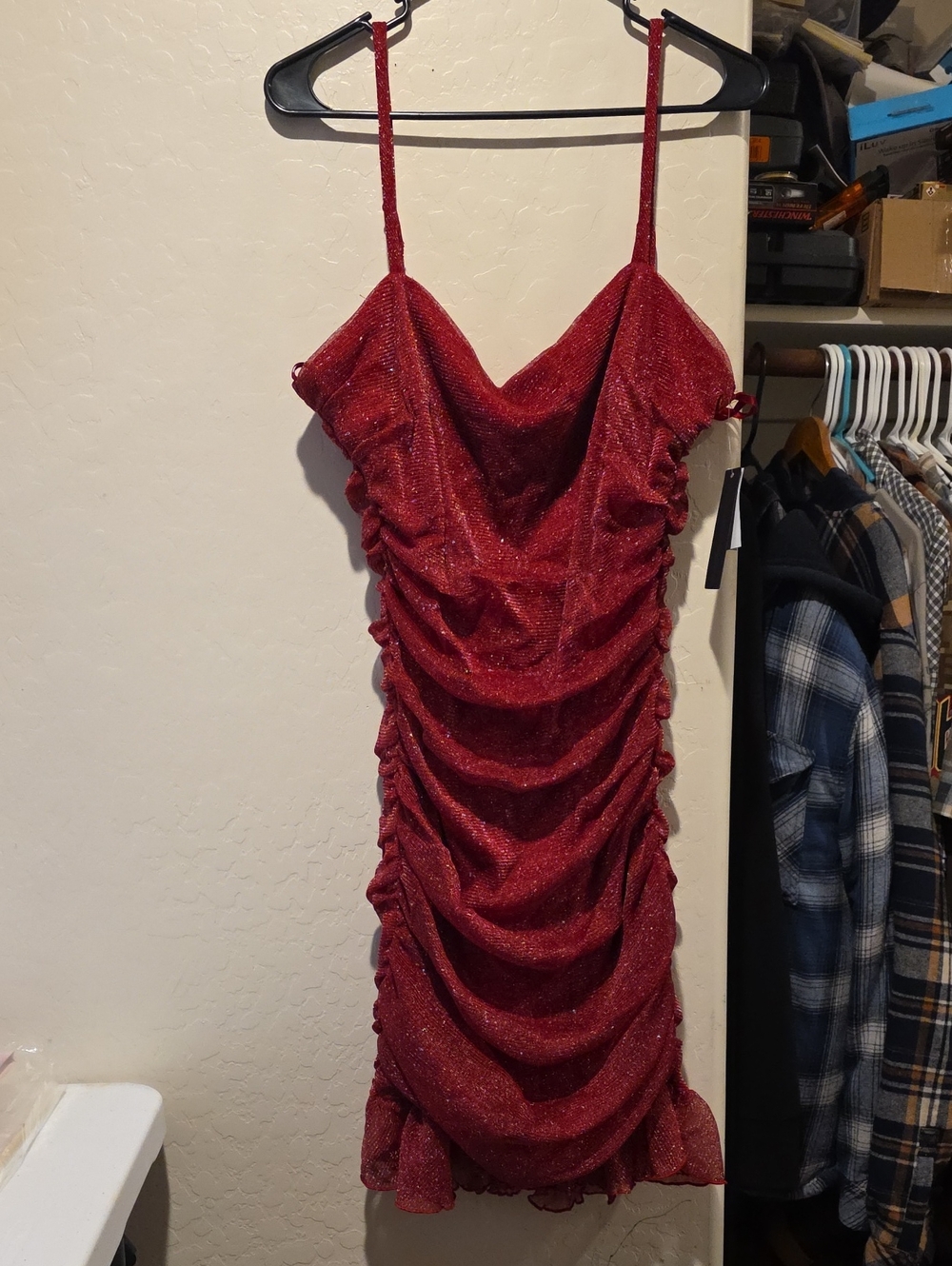 City Studio Glittered Red Ruched Cowl Mini Dress